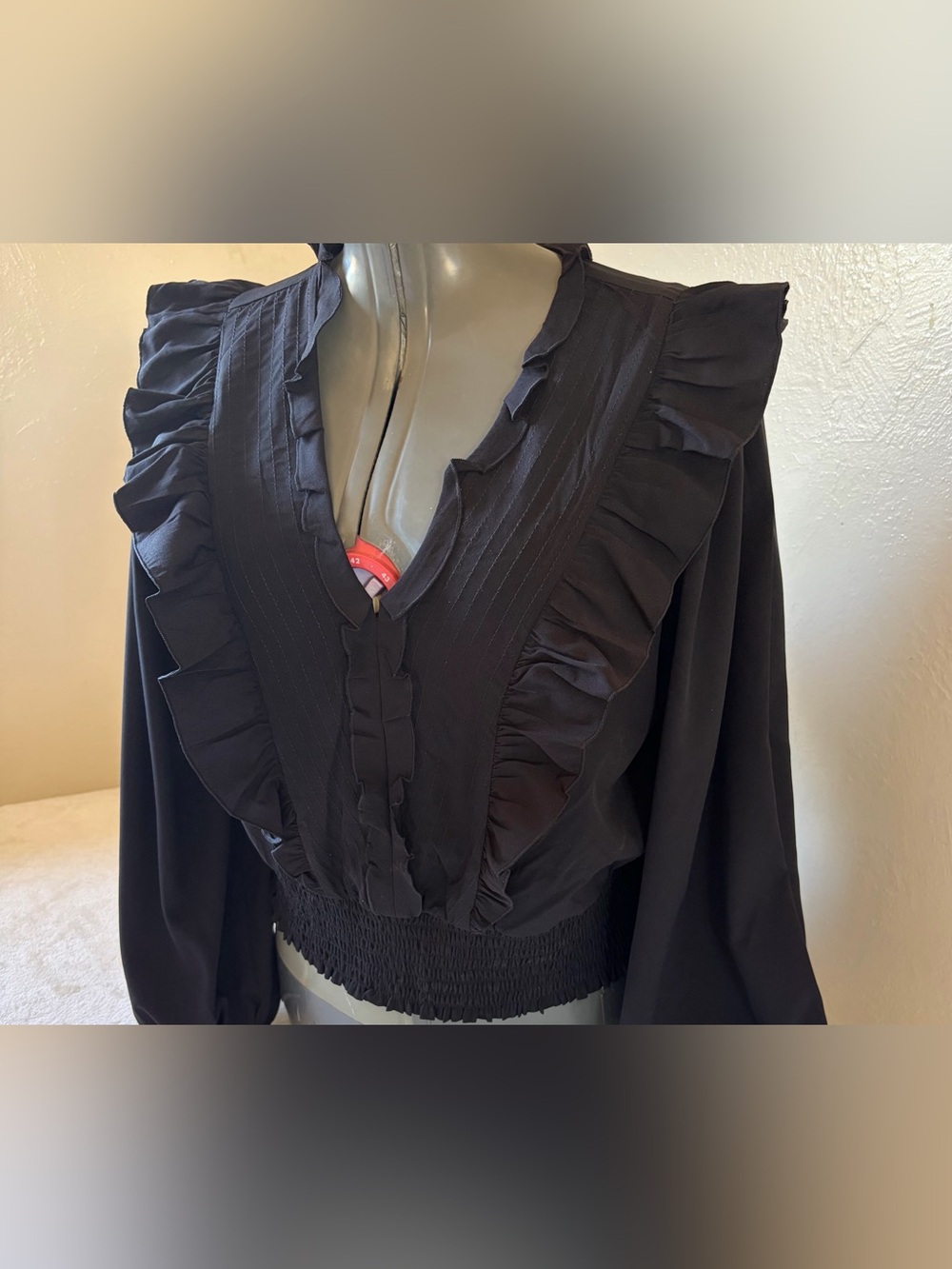 Express Black Ruffled V-Neck Smocked-Waist Blouse - Picture 3 of 9